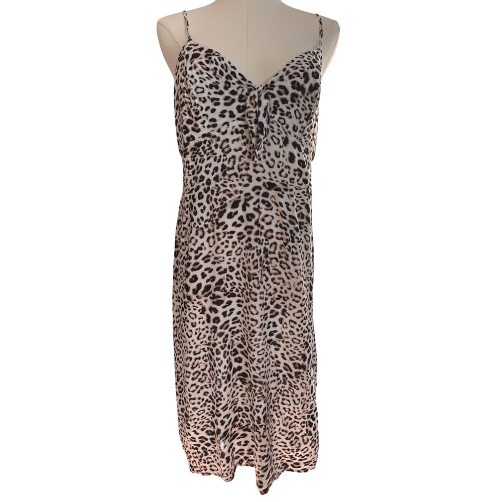 Leopard Print Midi Slip Dress V-Neck Tie Front Sleeveless Animal Print Tan Black
